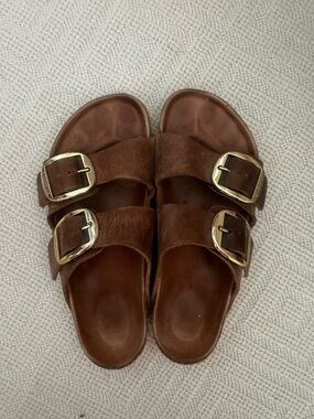 Birkenstock Women’s Brown Suede Double Buckle Sandals with Gold Buckles